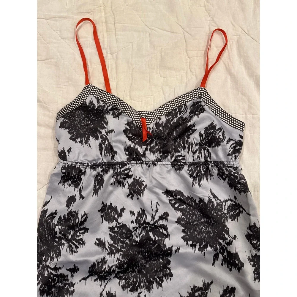 Gilligan & O'Malley Grey Black Floral Satin Chemise Slip Dress Red Straps Small